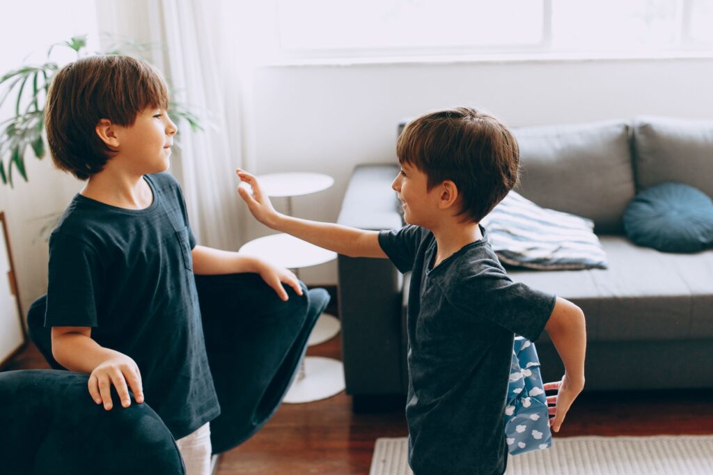 Two young boys playing and interacting in a cozy living room setting, filled with natural light.