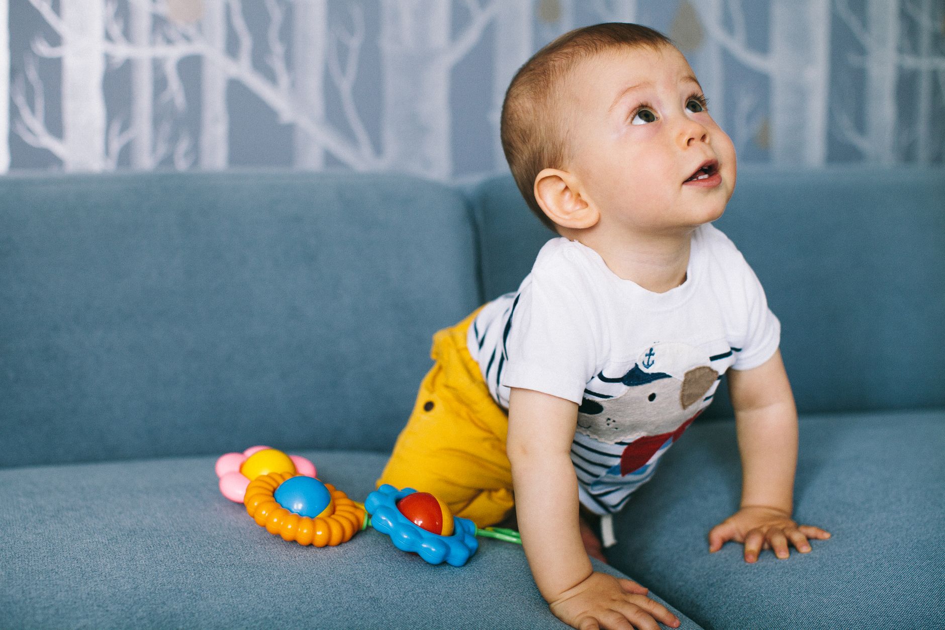 Adorable baby boy crawling on a blue sofa, surrounded by colorful toys, showcasing curiosity and innocence.