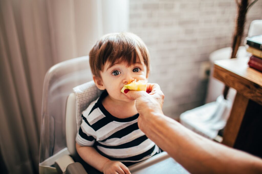 Crop unrecognizable parent feeding adorable little boy in chair with fruit while looking at camera in light room at home