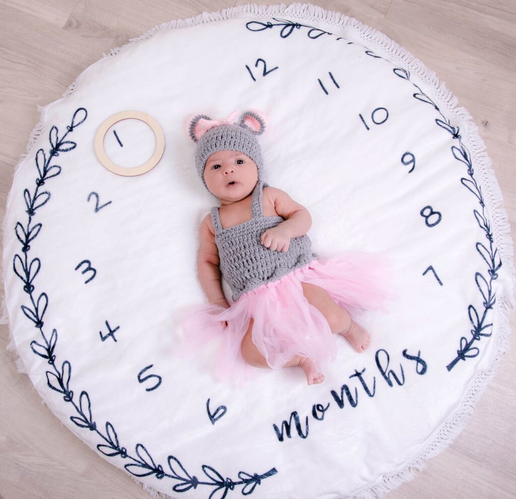 Cute baby photographed on a milestone blanket wearing a knit outfit and pink tutu, showcasing a month marker.